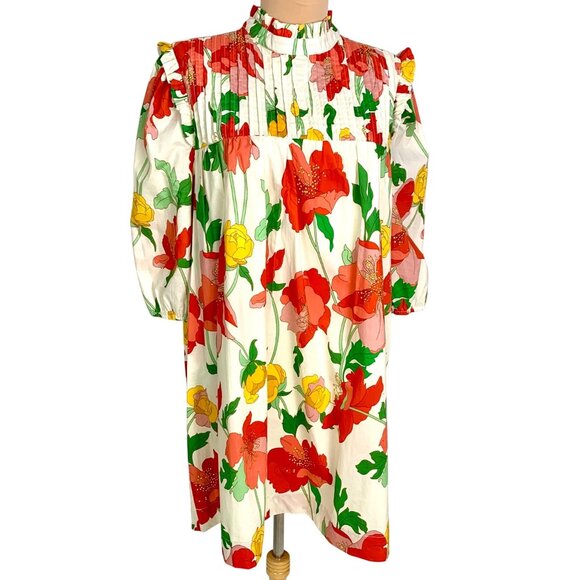 Think Of Me Cottagecore Floral Shift Dress Bodice Ruffled Collar Puff Sleeves L - Picture 2 of 10